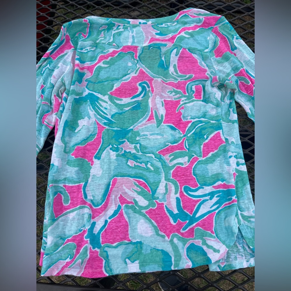 LILLY PULITZER Mindy Tunic Top Tropical Pink Sands V-Neck Linen Shirt Medium - Picture 9 of 11